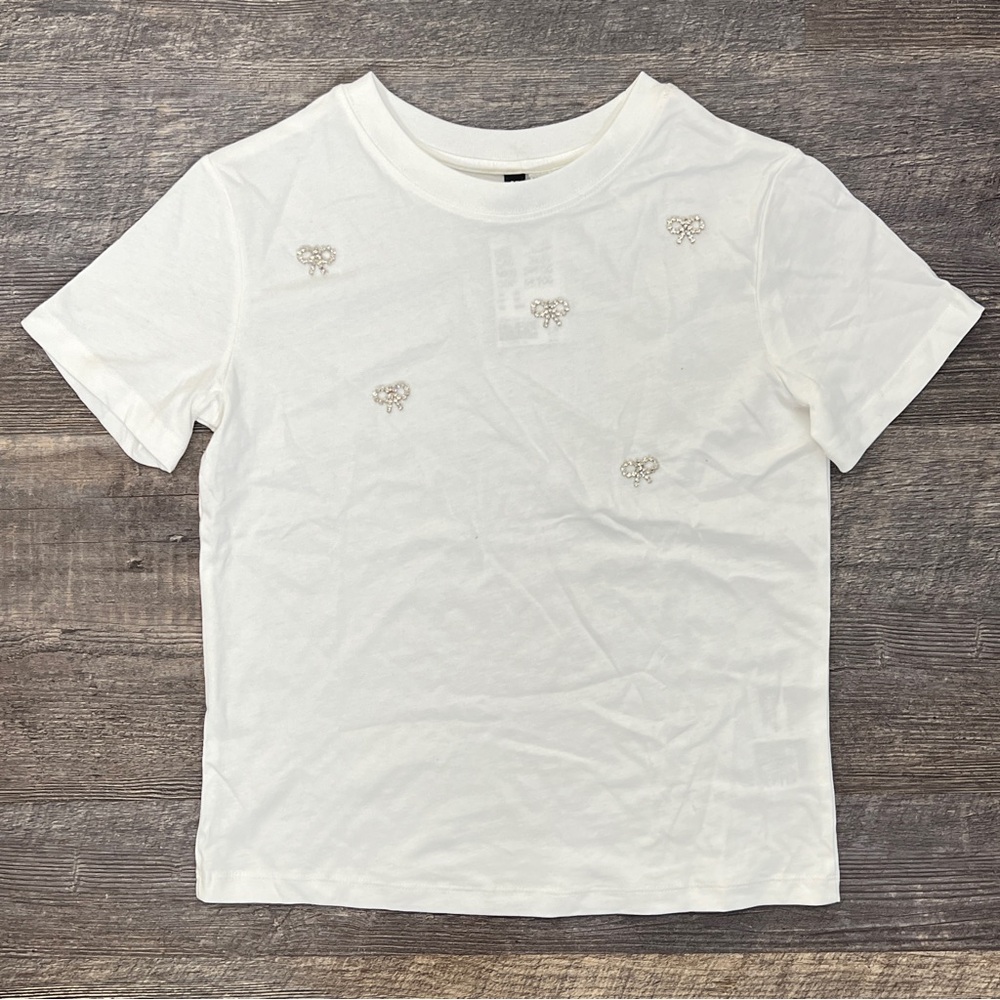NWT H&M White Tee t-shirt top with rhinestone bows size XS B129